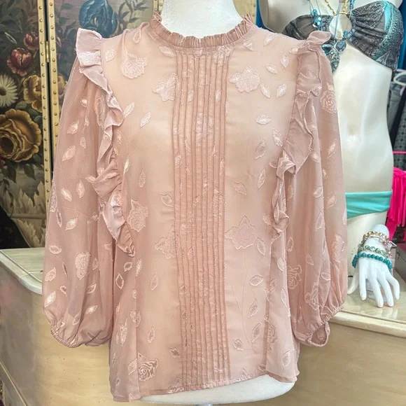 Haute Monde Blush Pink Ruffle Pintuck Blouse - Picture 1 of 4